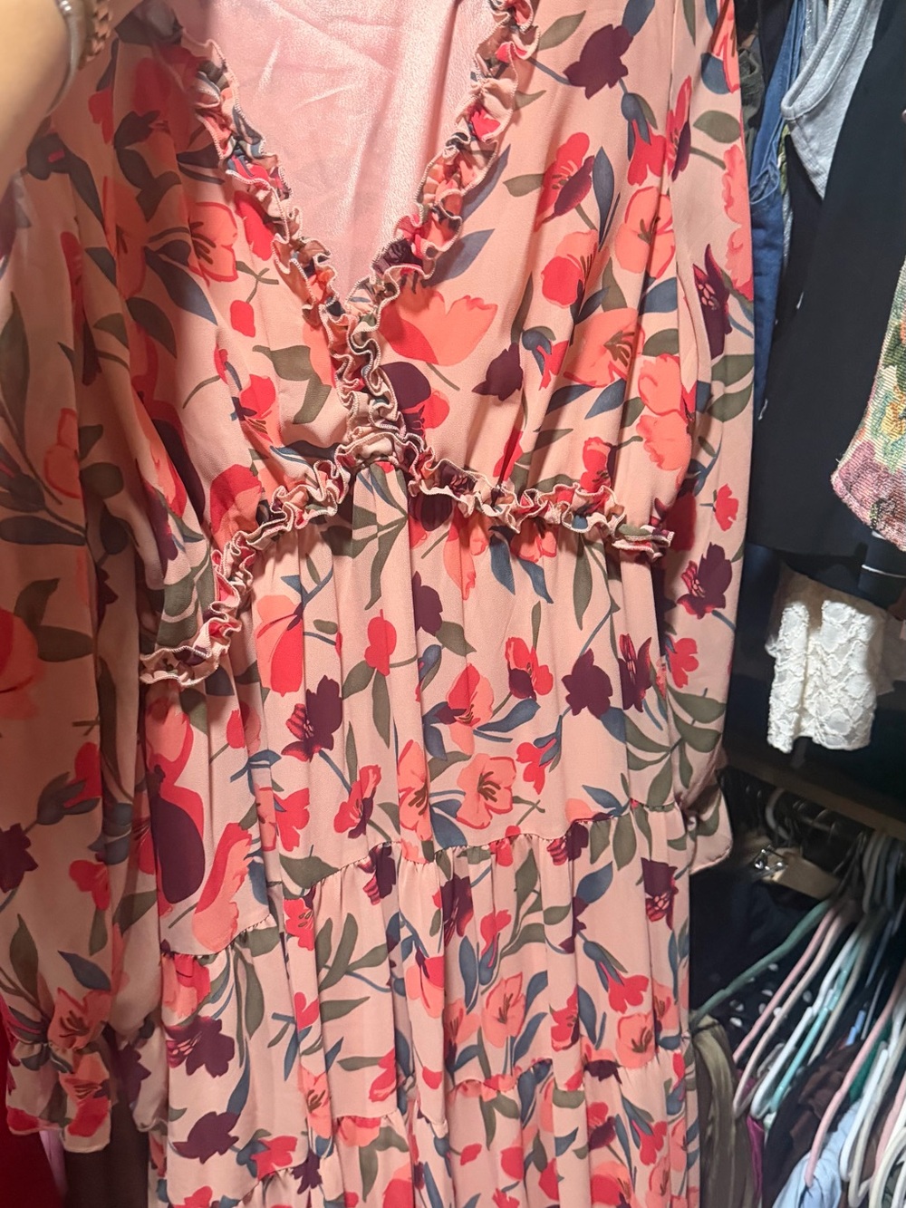 Women's Pink Floral Maxi Dress with Ruffle V-Neck